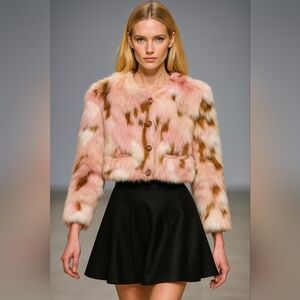 NIMO WANG Faux Fur Jacket Multicolor Pink Brown White |Boho Statement Outerwear